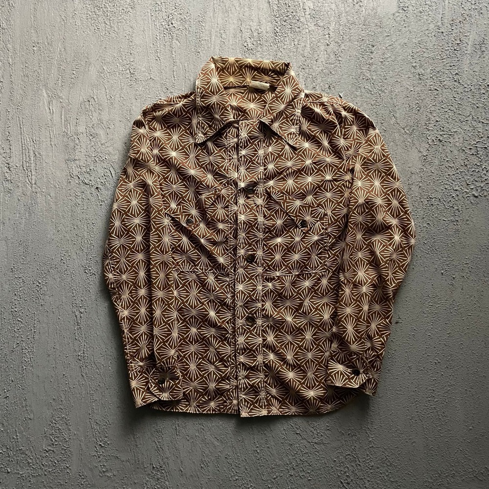 Vintage Geometric Sunburst Button Up Shirt Mens Small Brown 70s Leeds